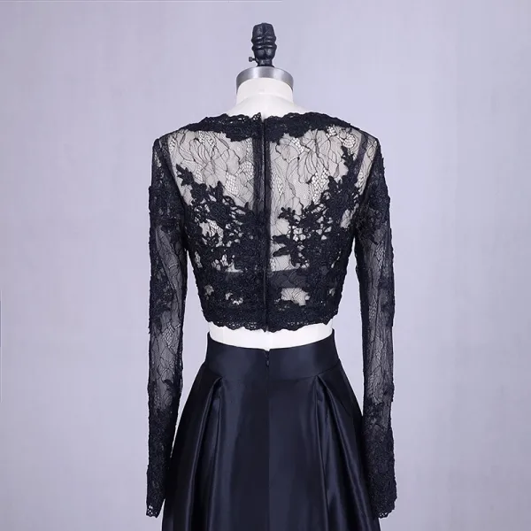 2 Piece Black Prom Dresses 2017 Scoop Neck A-Line / Princess Long Sleeve Appliques Lace Satin Formal Dresses