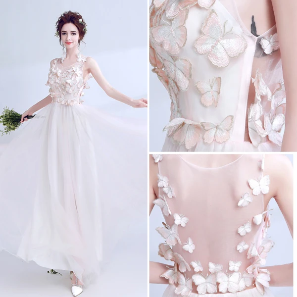 Chic / Beautiful Candy Pink Evening Dresses 2017 A-Line / Princess U-Neck Lace Butterfly Appliques Backless Evening Party Formal Dresses