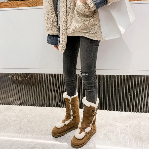 Unique Braun Schneestiefel 2020 Winter Woll Leder X-Riemen Freizeit Garten / Im Freien Stiefel Damen