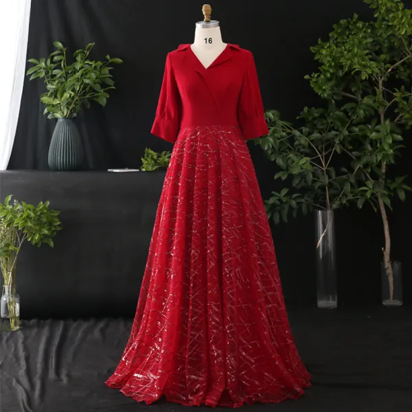 Stunning Bling Bling Burgundy Plus Size Evening Dresses  2020 A-Line / Princess V-Neck Tulle 3/4 Sleeve Beading Sequins Sweep Train Evening Party Formal Dresses