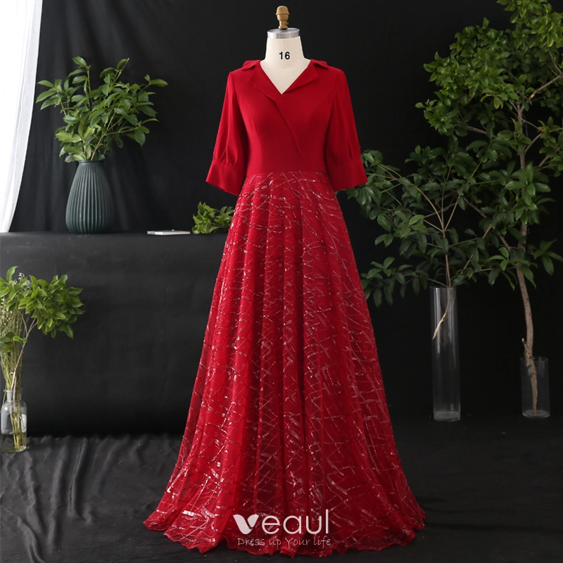 Stunning Bling Bling Burgundy Plus Size Evening Dresses 2020 A-Line /  Princess V-Neck Tulle 3/4 Sleeve Beading Sequins Sweep Train Evening Party Formal  Dresses