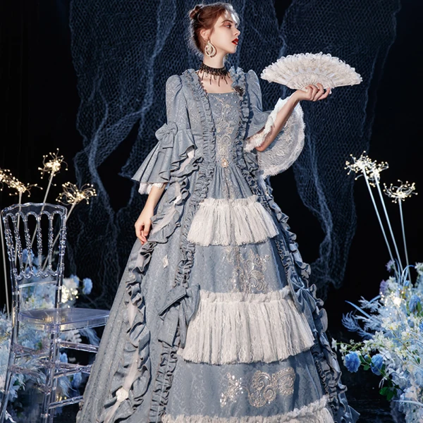 Vintage / Retro Medieval Sky Blue Ball Gown Prom Dresses 2021 1/2 Sleeves Square Neckline Floor-Length / Long Crossed Straps Handmade  Beading Pearl Tassel Printing Cosplay Prom Formal Dresses