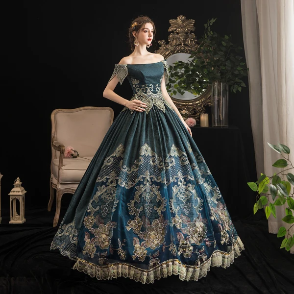 Vintage / Retro Medieval Ink Blue Ball Gown Prom Dresses 2021 Short Sleeve Off-The-Shoulder Floor-Length / Long Backless Printing Lace Satin Cosplay Prom Formal Dresses