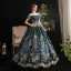Vintage / Retro Medieval Ink Blue Ball Gown Prom Dresses 2021 Short Sleeve Off-The-Shoulder Floor-Length / Long Backless Printing Lace Satin Cosplay Prom Formal Dresses