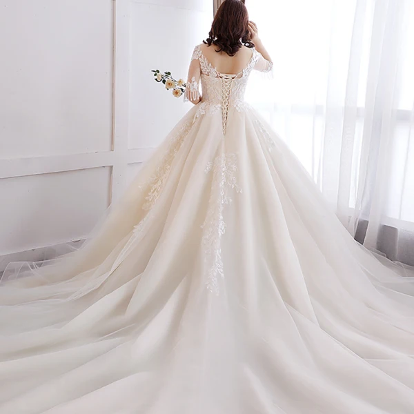 Enkla Champagne Extra Stor Storlek Balklänning Bröllopsklänningar 2019 Tyll V-Hals Appliqués Spets Halterneck Handgjort Chapel Train