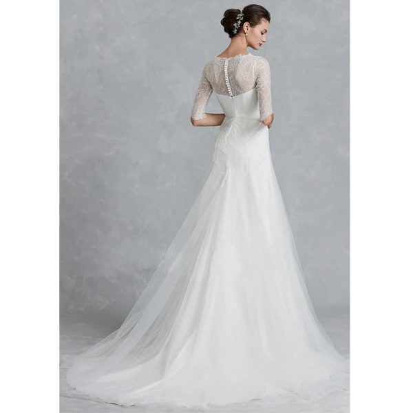 Klassisk Eleganta Vita Bröllopsklänningar 2020 Prinsessa V-Hals 1/2 ärm Halterneck Broderade Royal Train Bröllop