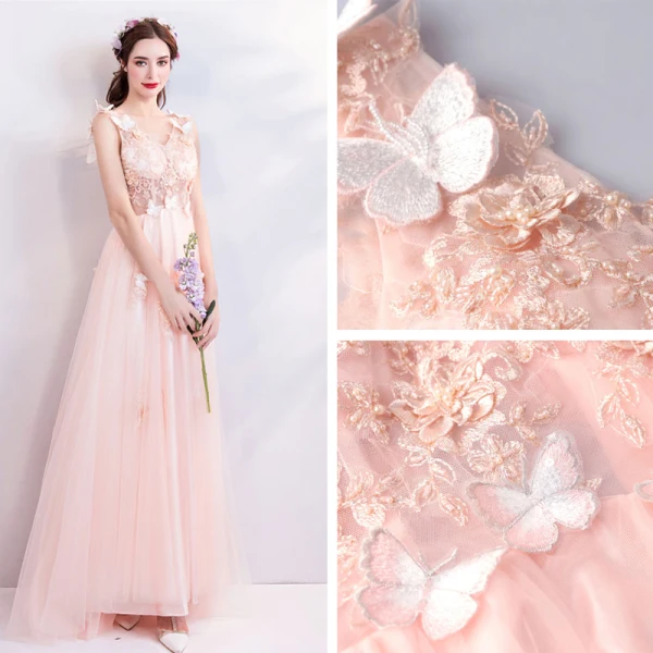 Chic / Beautiful Blushing Pink 2018 Evening Dresses V-Neck Tulle A-Line / Princess Floor-Length / Long Summer Beading Butterfly Appliques Backless Evening Party Formal Dresses