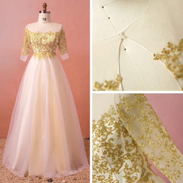 Classic Elegant Gold Plus Size Wedding Dresses 2018 A-Line / Princess Lace Tulle U-Neck Appliques Backless Wedding
