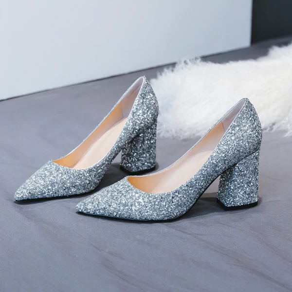 Unique Doré Chaussure De Mariée 2019 À Bout Pointu Polyester Glitter Paillettes Mariage Talons