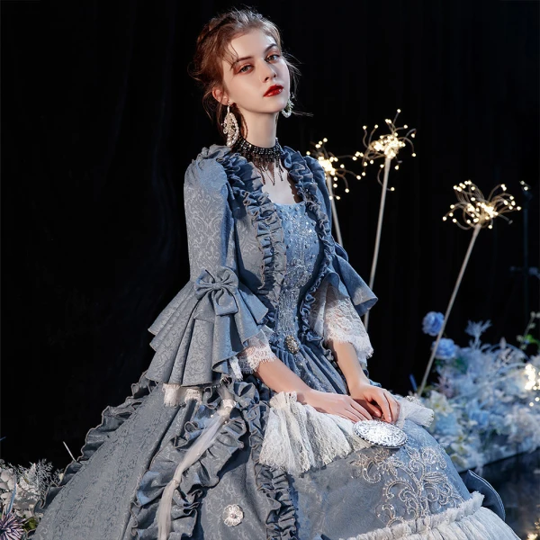 Vintage / Retro Medieval Sky Blue Ball Gown Prom Dresses 2021 1/2 Sleeves Square Neckline Floor-Length / Long Crossed Straps Handmade  Beading Pearl Tassel Printing Cosplay Prom Formal Dresses
