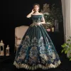 Vintage / Retro Medieval Ink Blue Ball Gown Prom Dresses 2021 Short Sleeve Off-The-Shoulder Floor-Length / Long Backless Printing Lace Satin Cosplay Prom Formal Dresses