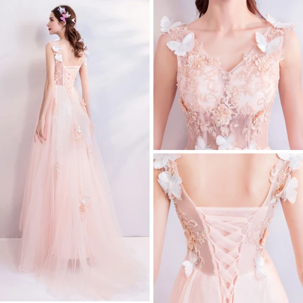 Chic / Beautiful Blushing Pink 2018 Evening Dresses V-Neck Tulle A-Line / Princess Floor-Length / Long Summer Beading Butterfly Appliques Backless Evening Party Formal Dresses