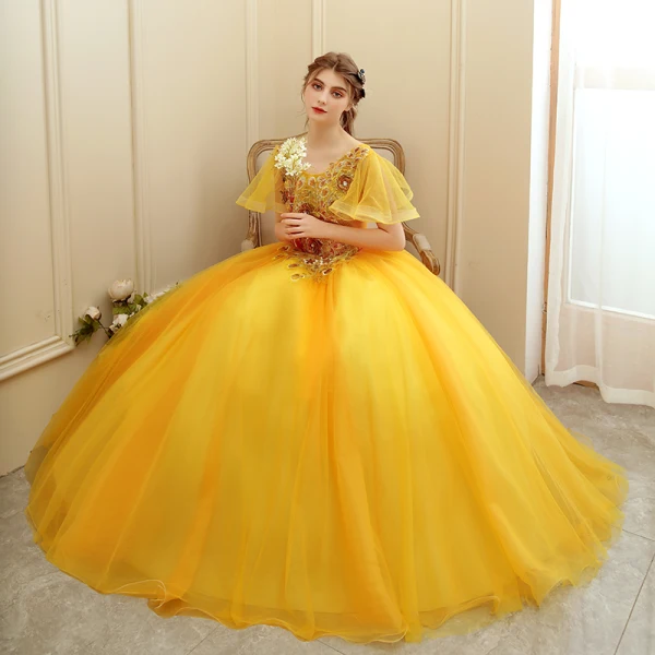 Affordable Gold Prom Dresses 2020 Ball Gown Scoop Neck Short Sleeve Appliques Sequins Flower Floor-Length / Long Ruffle Backless Formal Dresses