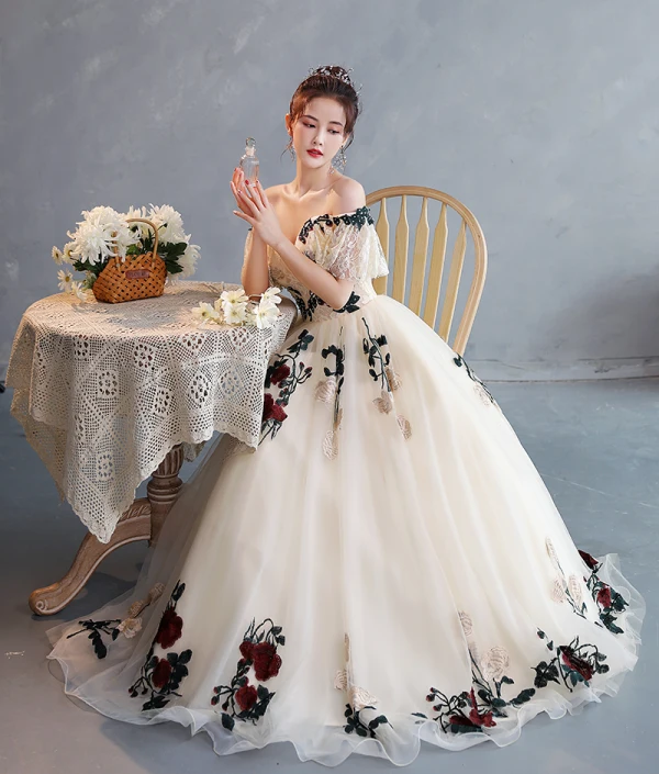 Chic / Beautiful Champagne Rhinestone Lace Flower Prom Dresses 2022 A-Line / Princess Off-The-Shoulder Short Sleeve Backless Floor-Length / Long Formal Dresses