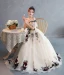 Chic / Beautiful Champagne Rhinestone Lace Flower Prom Dresses 2022 A-Line / Princess Off-The-Shoulder Short Sleeve Backless Floor-Length / Long Formal Dresses