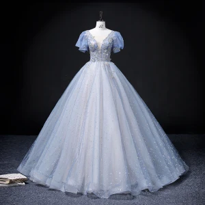Élégant Bleu Ciel Robe De Bal 2022 Robe Boule Encolure Dégagée Gonflée Manches Courtes Dos Nu Perlage Paillettes Longue Robe De Ceremonie