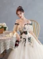 Chic / Beautiful Champagne Rhinestone Lace Flower Prom Dresses 2022 A-Line / Princess Off-The-Shoulder Short Sleeve Backless Floor-Length / Long Formal Dresses