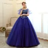 Affordable Gold Prom Dresses 2020 Ball Gown Scoop Neck Short Sleeve Appliques Sequins Flower Floor-Length / Long Ruffle Backless Formal Dresses