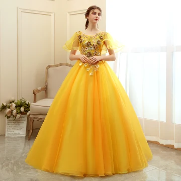 Affordable Gold Prom Dresses 2020 Ball Gown Scoop Neck Short Sleeve Appliques Sequins Flower Floor Length Long Ruffle Backless Formal Dresses