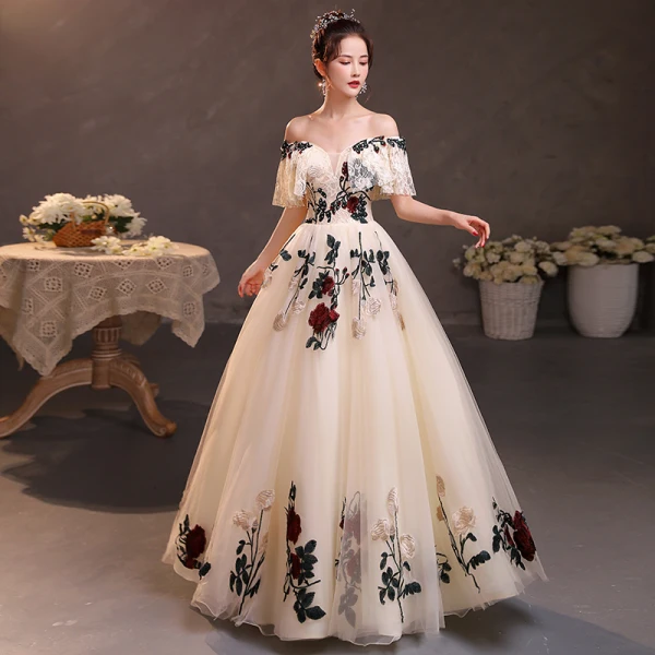 Chic Beautiful Champagne Prom Dresses 2017 Ball Gown Off The Shoulder Long  Sleeve Appliques Flower Rhinestone Floor Length Long Ruffle Backless Formal  Dresses