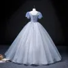Elegant Sky Blue Prom Dresses 2022 Ball Gown Scoop Neck Puffy Short Sleeve Backless Beading Sequins Floor-Length / Long Formal Dresses