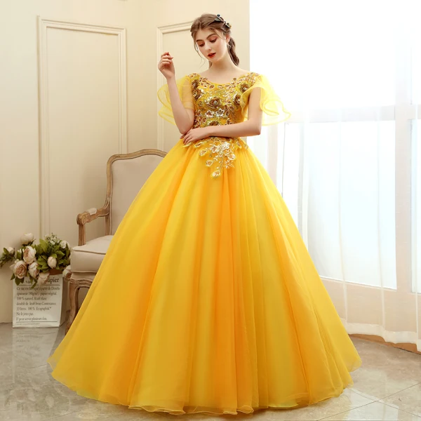 Affordable Gold Prom Dresses 2020 Ball Gown Scoop Neck Short Sleeve Appliques Sequins Flower Floor-Length / Long Ruffle Backless Formal Dresses
