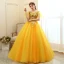 Affordable Gold Prom Dresses 2020 Ball Gown Scoop Neck Short Sleeve Appliques Sequins Flower Floor-Length / Long Ruffle Backless Formal Dresses