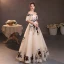 Chic / Beautiful Champagne Rhinestone Lace Flower Prom Dresses 2022 A-Line / Princess Off-The-Shoulder Short Sleeve Backless Floor-Length / Long Formal Dresses