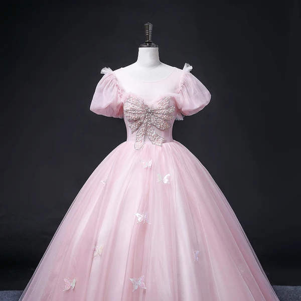 Elegant Blushing Pink Prom Dresses 2022 Ball Gown Scoop Neck Beading Pearl Rhinestone Sequins Butterfly Lace Flower Short Sleeve Backless Floor-Length / Long Formal Dresses