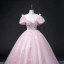 Elegant Blushing Pink Prom Dresses 2022 Ball Gown Scoop Neck Beading Pearl Rhinestone Sequins Butterfly Lace Flower Short Sleeve Backless Floor-Length / Long Formal Dresses