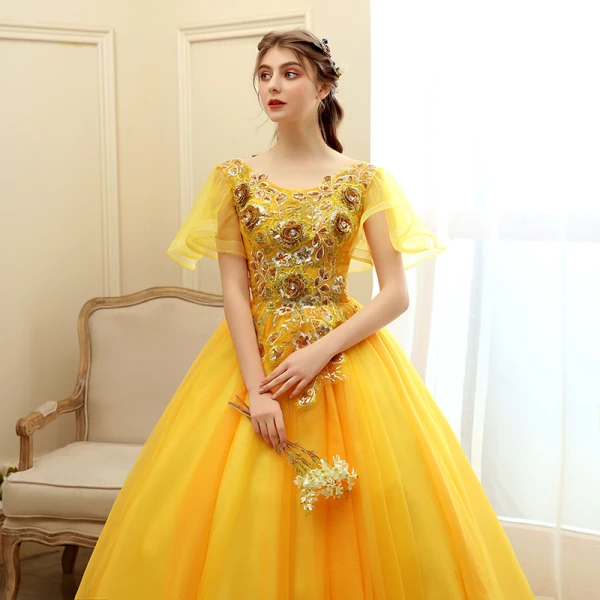 Affordable Gold Prom Dresses 2020 Ball Gown Scoop Neck Short Sleeve Appliques Sequins Flower Floor-Length / Long Ruffle Backless Formal Dresses