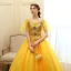 Affordable Gold Prom Dresses 2020 Ball Gown Scoop Neck Short Sleeve Appliques Sequins Flower Floor-Length / Long Ruffle Backless Formal Dresses