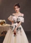Chic / Beautiful Champagne Rhinestone Lace Flower Prom Dresses 2022 A-Line / Princess Off-The-Shoulder Short Sleeve Backless Floor-Length / Long Formal Dresses