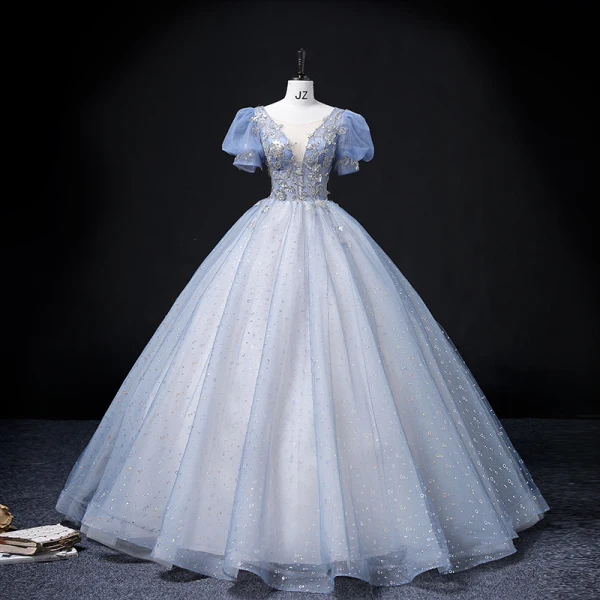 Elegant Sky Blue Prom Dresses 2022 Ball Gown Scoop Neck Puffy Short Sleeve Backless Beading Sequins Floor-Length / Long Formal Dresses