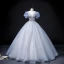 Elegant Sky Blue Prom Dresses 2022 Ball Gown Scoop Neck Puffy Short Sleeve Backless Beading Sequins Floor-Length / Long Formal Dresses