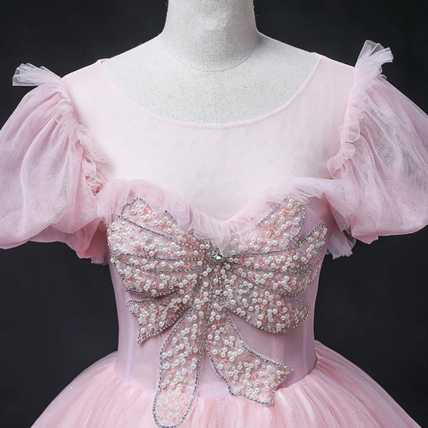 Elegant Blushing Pink Prom Dresses 2022 Ball Gown Scoop Neck Beading Pearl Rhinestone Sequins Butterfly Lace Flower Short Sleeve Backless Floor-Length / Long Formal Dresses