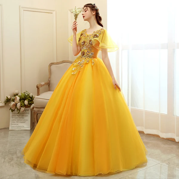 Affordable Gold Prom Dresses 2020 Ball Gown Scoop Neck Short Sleeve Appliques Sequins Flower Floor-Length / Long Ruffle Backless Formal Dresses