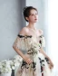 Chic / Beautiful Champagne Rhinestone Lace Flower Prom Dresses 2022 A-Line / Princess Off-The-Shoulder Short Sleeve Backless Floor-Length / Long Formal Dresses