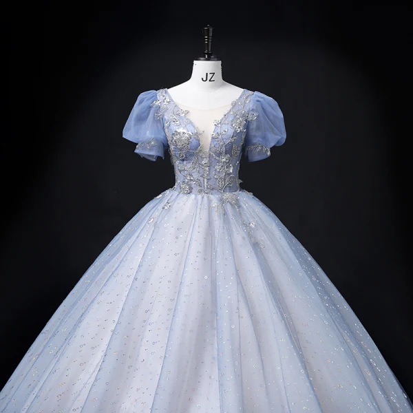 Elegant Sky Blue Prom Dresses 2022 Ball Gown Scoop Neck Puffy Short Sleeve Backless Beading Sequins Floor-Length / Long Formal Dresses