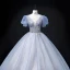 Elegant Sky Blue Prom Dresses 2022 Ball Gown Scoop Neck Puffy Short Sleeve Backless Beading Sequins Floor-Length / Long Formal Dresses