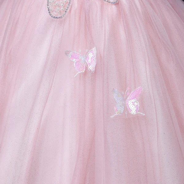 Elegant Blushing Pink Prom Dresses 2022 Ball Gown Scoop Neck Beading Pearl Rhinestone Sequins Butterfly Lace Flower Short Sleeve Backless Floor-Length / Long Formal Dresses