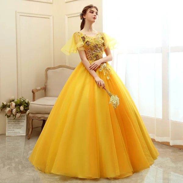 Affordable Gold Prom Dresses 2020 Ball Gown Scoop Neck Short Sleeve Appliques Sequins Flower Floor-Length / Long Ruffle Backless Formal Dresses
