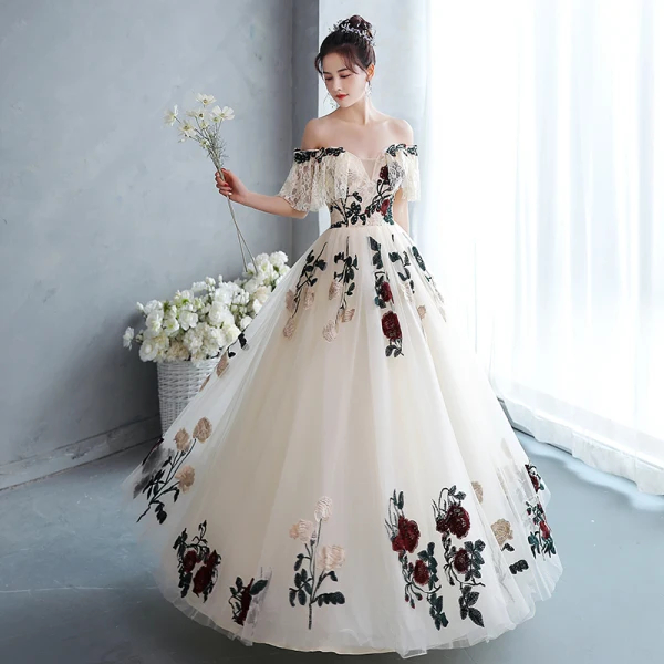 Chic / Beautiful Champagne Rhinestone Lace Flower Prom Dresses 2022 A-Line / Princess Off-The-Shoulder Short Sleeve Backless Floor-Length / Long Formal Dresses