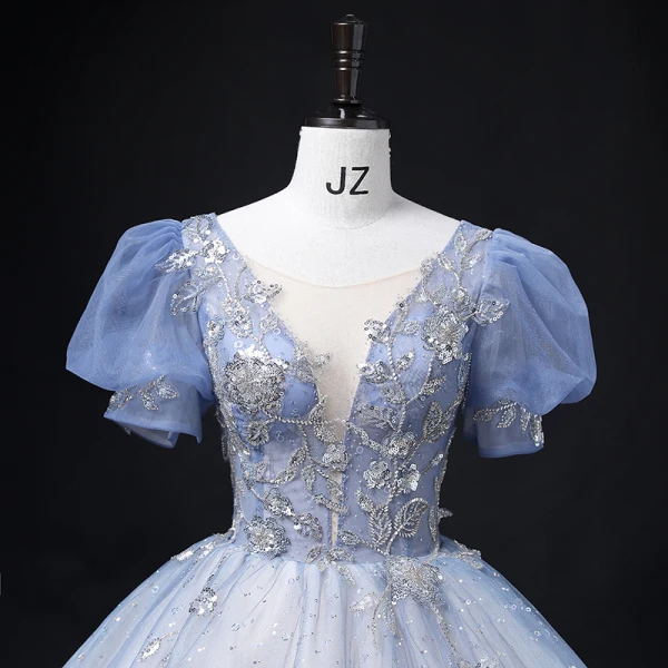 Elegant Sky Blue Prom Dresses 2022 Ball Gown Scoop Neck Puffy Short Sleeve Backless Beading Sequins Floor-Length / Long Formal Dresses