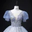 Elegant Sky Blue Prom Dresses 2022 Ball Gown Scoop Neck Puffy Short Sleeve Backless Beading Sequins Floor-Length / Long Formal Dresses