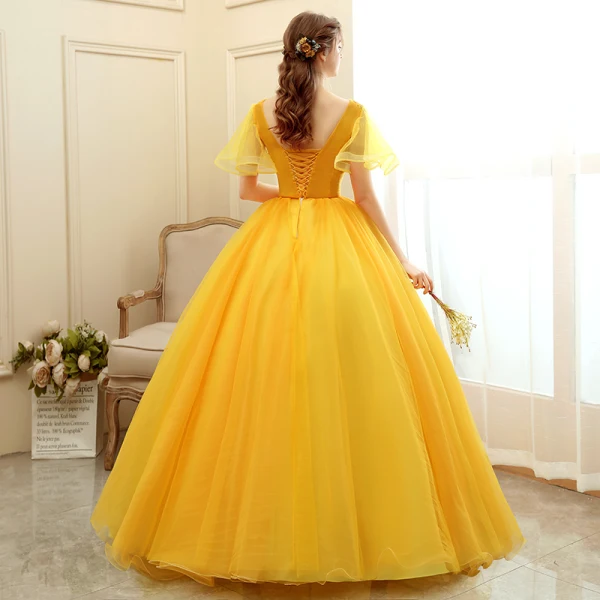 Affordable Gold Prom Dresses 2020 Ball Gown Scoop Neck Short Sleeve Appliques Sequins Flower Floor-Length / Long Ruffle Backless Formal Dresses