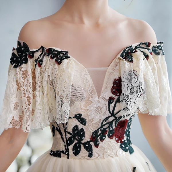 Chic / Beautiful Champagne Rhinestone Lace Flower Prom Dresses 2022 A-Line / Princess Off-The-Shoulder Short Sleeve Backless Floor-Length / Long Formal Dresses
