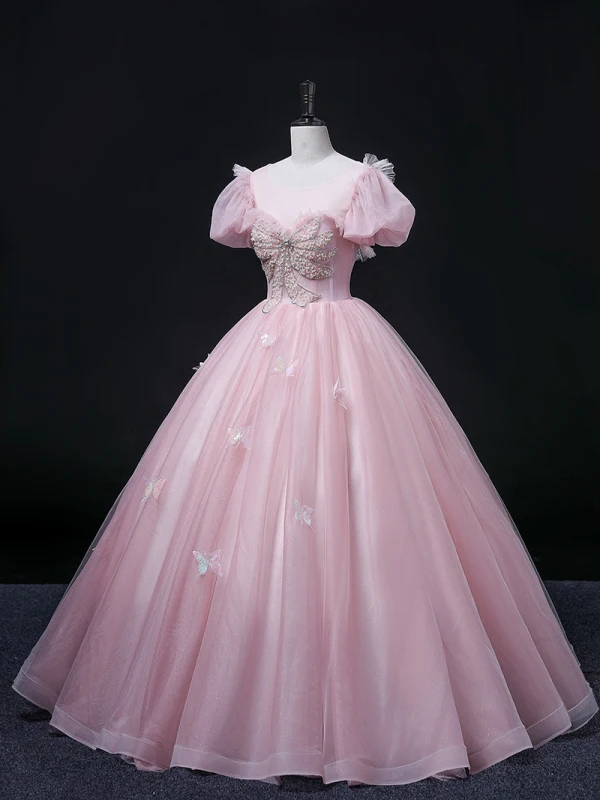 Elegant Blushing Pink Prom Dresses 2022 Ball Gown Scoop Neck Beading Pearl Rhinestone Sequins Butterfly Lace Flower Short Sleeve Backless Floor-Length / Long Formal Dresses