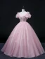 Elegant Blushing Pink Prom Dresses 2022 Ball Gown Scoop Neck Beading Pearl Rhinestone Sequins Butterfly Lace Flower Short Sleeve Backless Floor-Length / Long Formal Dresses