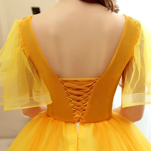 Affordable Gold Prom Dresses 2020 Ball Gown Scoop Neck Short Sleeve Appliques Sequins Flower Floor-Length / Long Ruffle Backless Formal Dresses